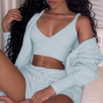 3PCS Women’s Cozy Pajama Set – Crop Top, Shorts & Cardigan Loungewear - Image 4