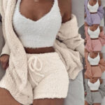 3PCS Women’s Cozy Pajama Set – Crop Top, Shorts & Cardigan Loungewear
